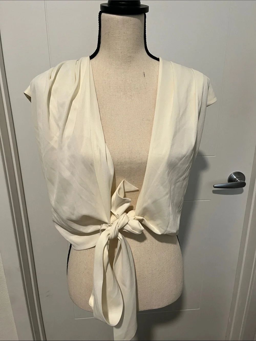 Vintage Cream Tie-Front Draped Sleeveless Blouse Bohemian Festival Retro